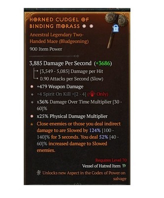 Diablo 4 S14 Horned Cudgel Of Bing Morass 2GA Legendary Mace Equipment Item Gear