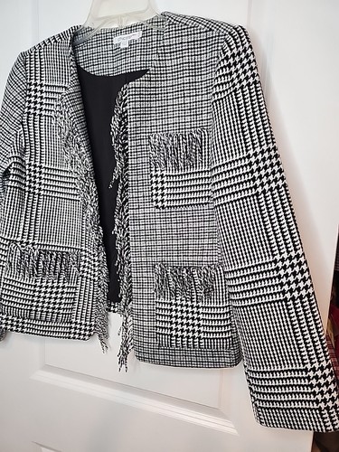 Blazer Chico's donna 1,5 grigio a quadri tweed bordo frange aperto davanti giacca classico - Foto 7 di 16