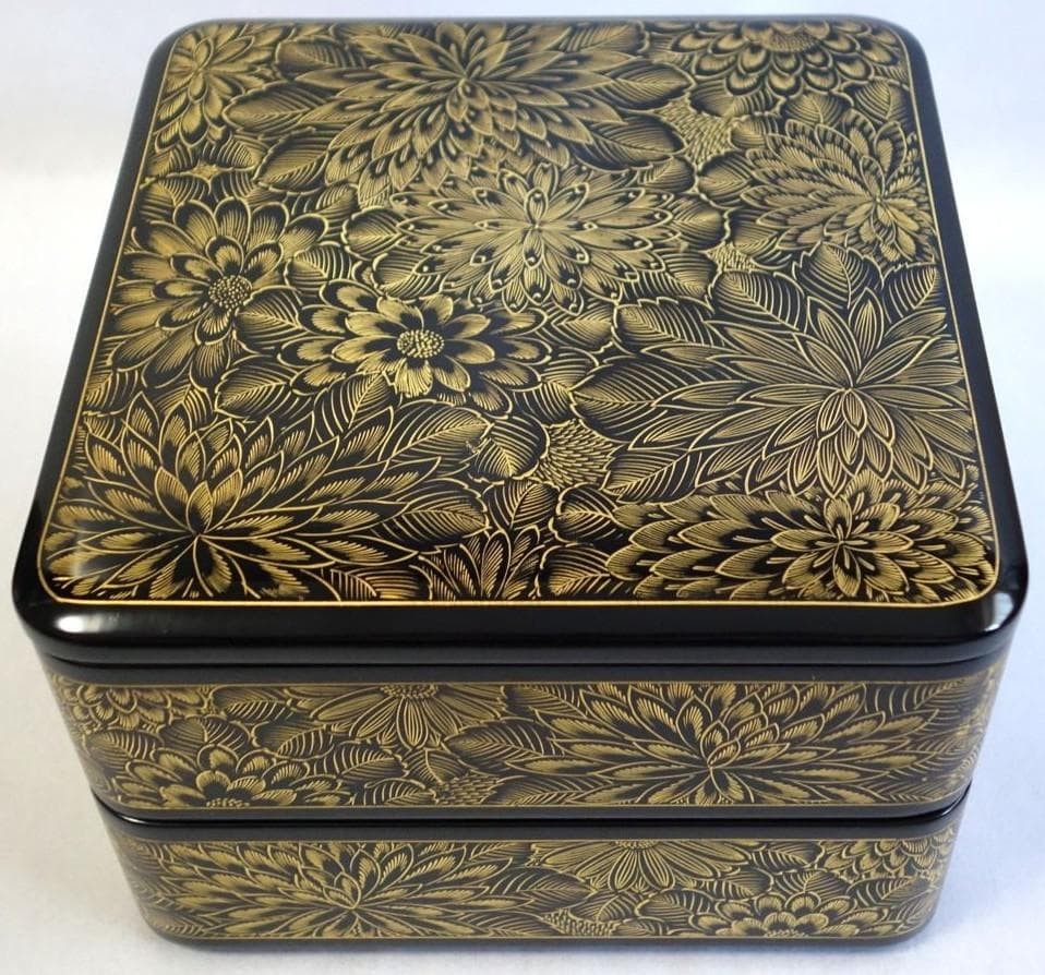 Jubako Bento Box Japanese Wajima lacquer Chrysanthemum and pattern twotiered box