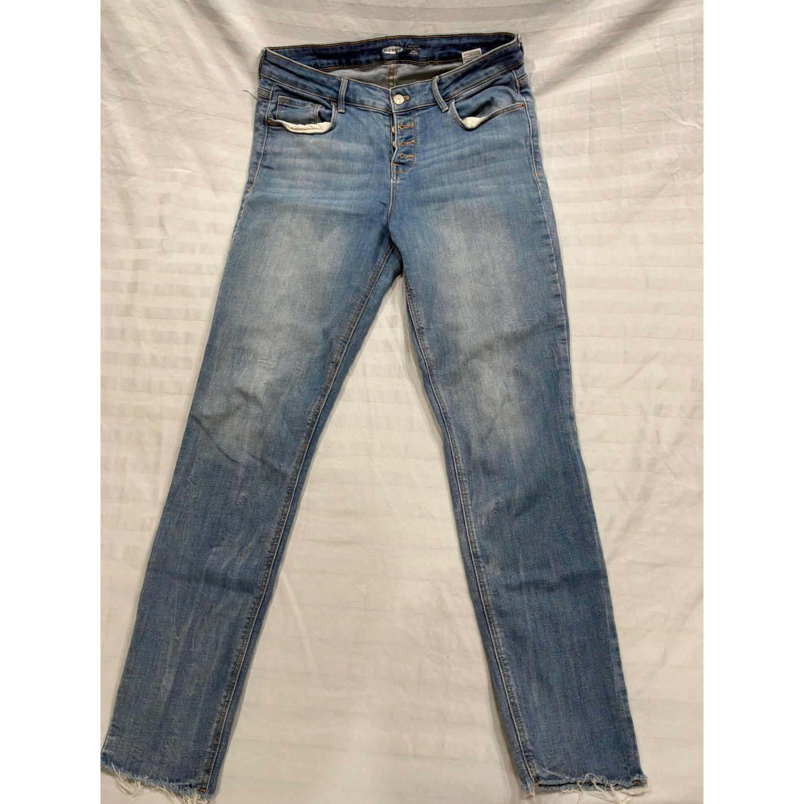 Old Navy Rockstar Super Skinny Jeans Womens 12 T Button Fly Raw Hem Blue Denim