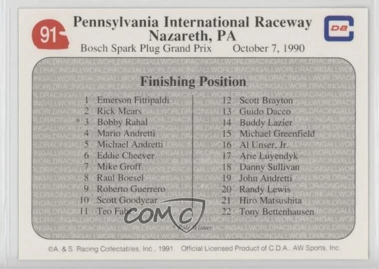 1991 All World PPG Indy Car Series '90 Nazareth Race Emerson Fittipaldi #91 HOF - Image 2 of 2