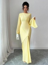 Lemon Stretch Crepe Chiffon illusion Maxi Evening Dress Long Sleeve Size 12