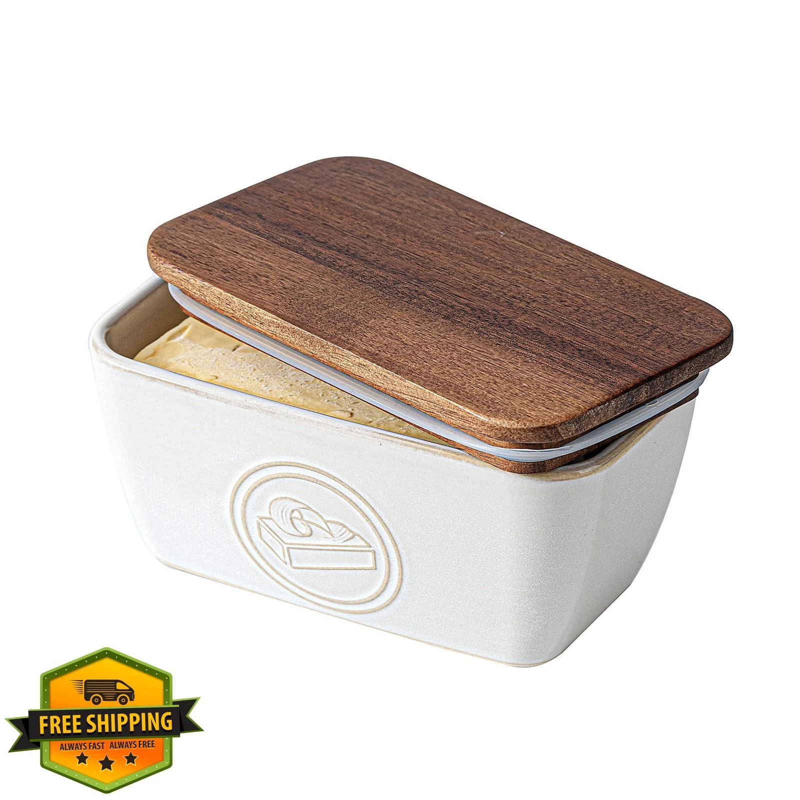 MikiGey Butter Dish Ceramic Wood Lid Countertop
