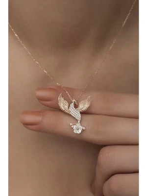 NISAN 925er Silber Halskette – Phönix mit Magnolienblüte – Zirkonia, Rosévergoldet