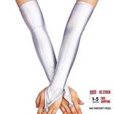Metallic Fingerless Gloves Long Opera Arm Sleeves for Women White