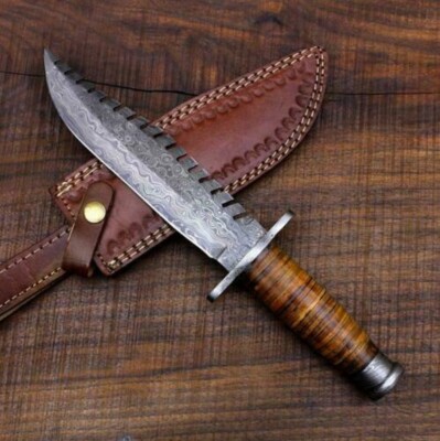 12'' Handmade Damascus Steel Hunting Survival Camping Bowie Knife Leather Handle
