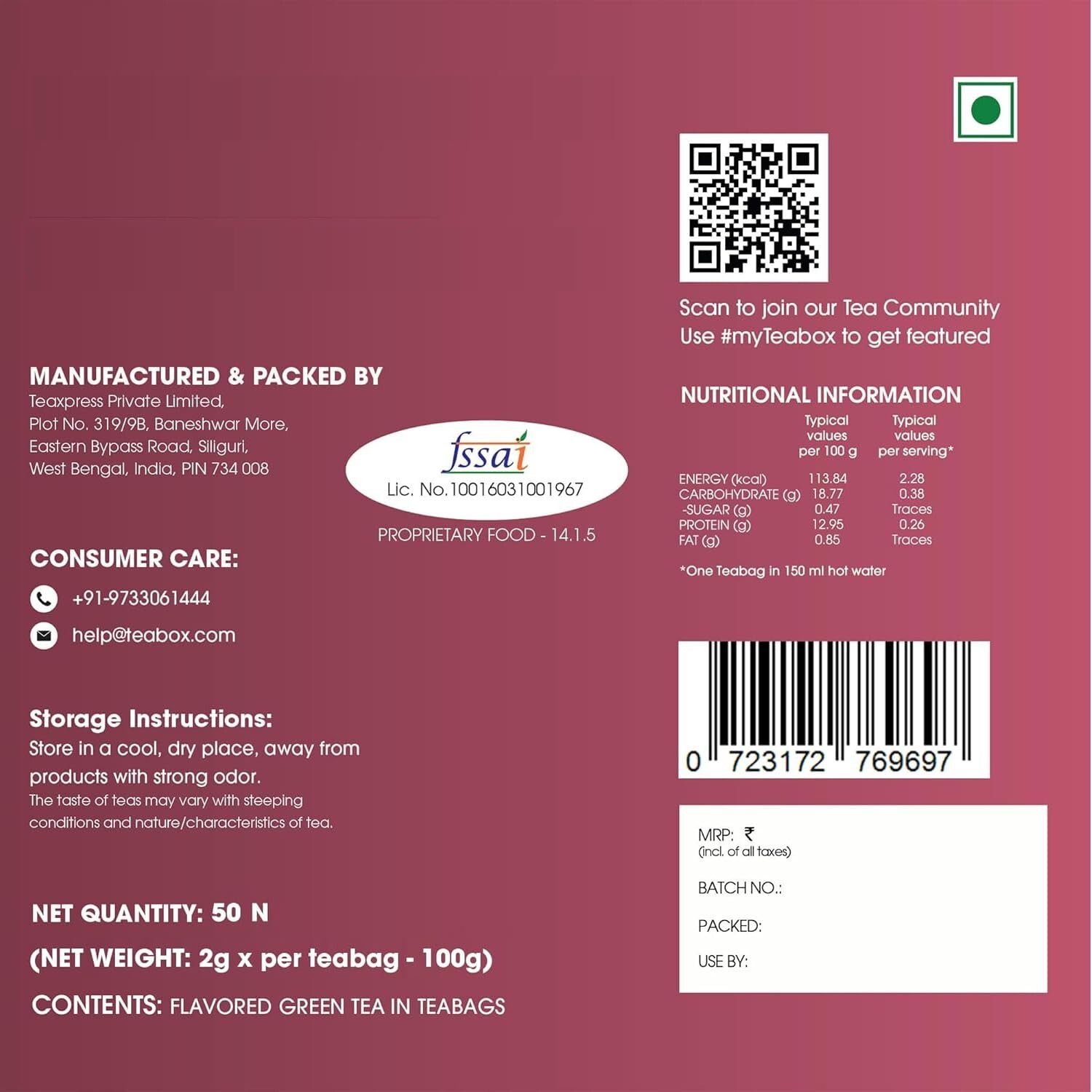 100% Organic Hibiscus Cinnamon Clove Green Tea Bags - 100 pcs of Pure Luxury