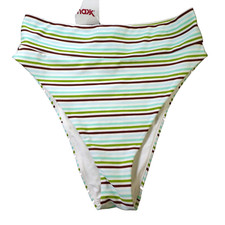 Aerie Womens Swim Bikini Bottom Sz L Green Blue Burgundy Stripe High Waisted NWT