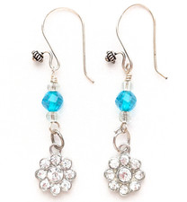 Long Flower Dangle Pierced Earrings Blue Crystal Floral Nature Jewelry Gift