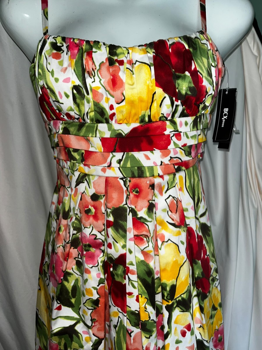 NWT $49 Floral dress BCX Macys front pleats thin straps stretch knee length 7 NWT $49 Floral dress BCX Macys front pleats thin straps stretch knee length 7