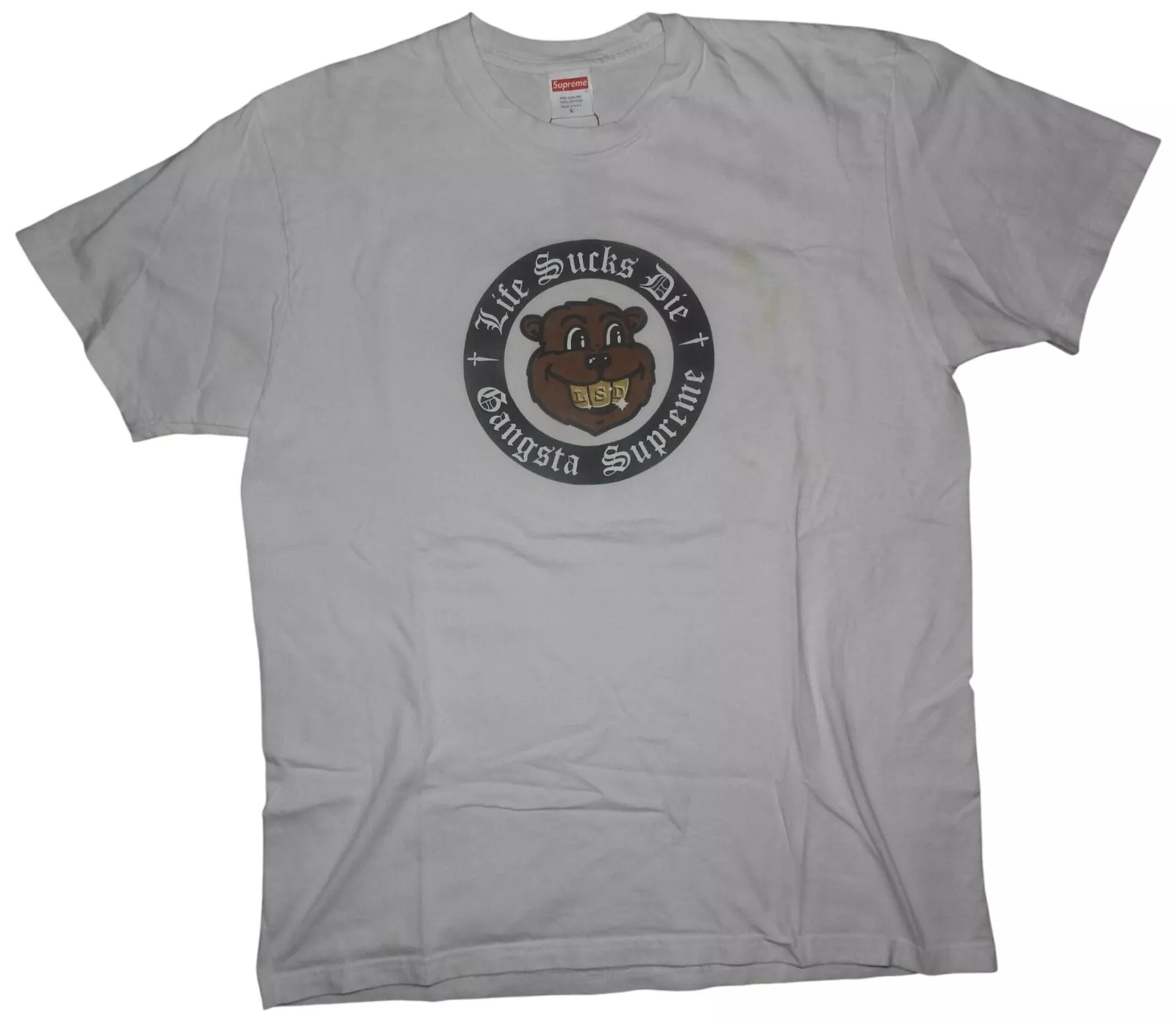 Authentique t shirt blanc Supreme Life Sucks Die LSD Gangsta grand fabriqué aux États Unis