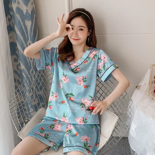 Damen Seide Satin Pyjama Set Kurzarm Nachtwäsche V-Ausschnitt Homewear 2-teilig Pyjama - Bild 16 von 60