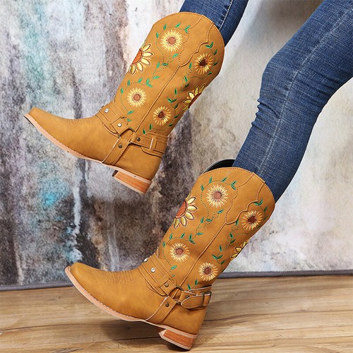 Womens Mid Calf Western Boot Sonnenblume Arbeit Wide-Calf Retro Cowgirl Stiefel - Bild 6 von 10
