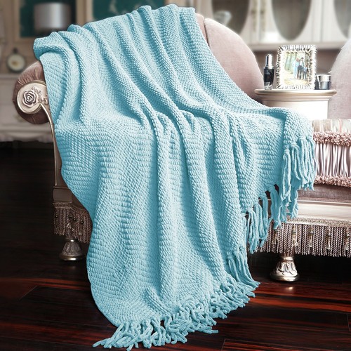 Boho Knitted Throw Blanket – Tweed Texture, Tassels, Lightweight Couch Bed Decor - Picture 56 of 337