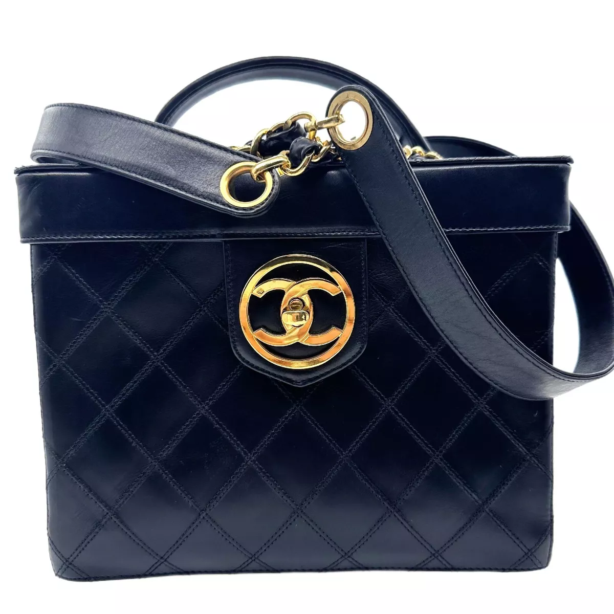 CHANEL Vintage Black CC Box Vanity Case with Shoulder Strap COA