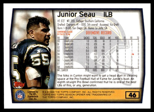1999 Topps Season Opener Junior Seau #46 San Diego Chargers 104A - Picture 2 of 2