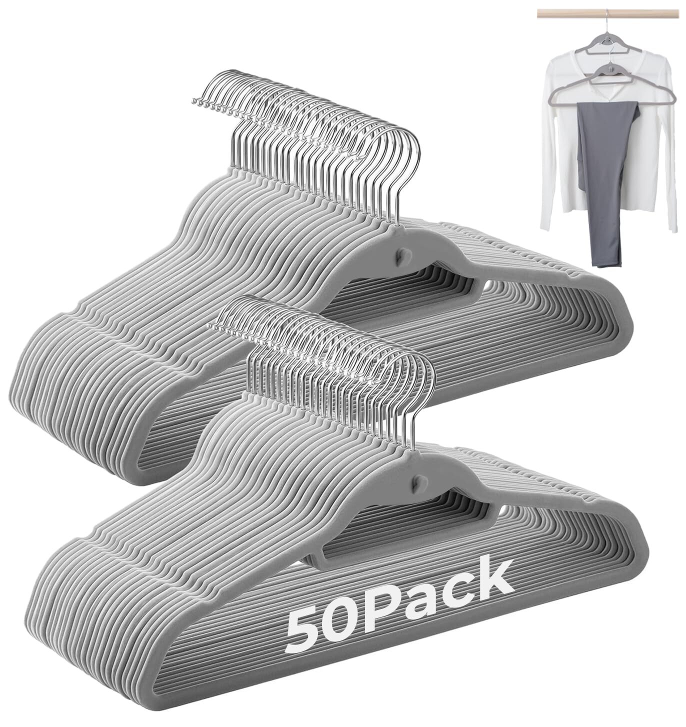 Grey Velvet Hangers 50 Pack Non-Slip Stackable Felt Hangers with Cascading Hooks for Closet Space Saving and Organization-image