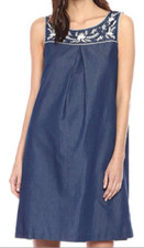 Nine West Dark Denim Blue A-Line Inverted Front Pleat Dress w/Embroidered Yoke