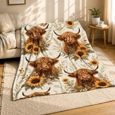 Highland Cow Sunflower Coral Fleece Blanket Farmhouse Floral Decor