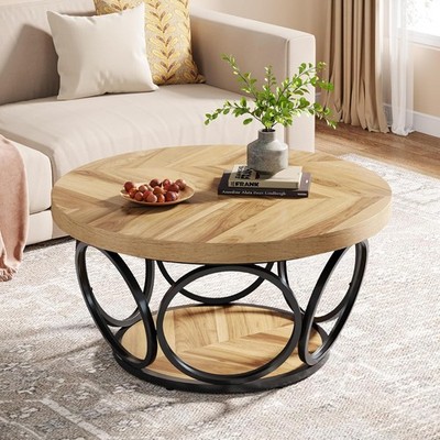 80cm Runder Couchtisch Bauernhaus Holz Mitteltisch mit Stauraum für Wohnzimmer