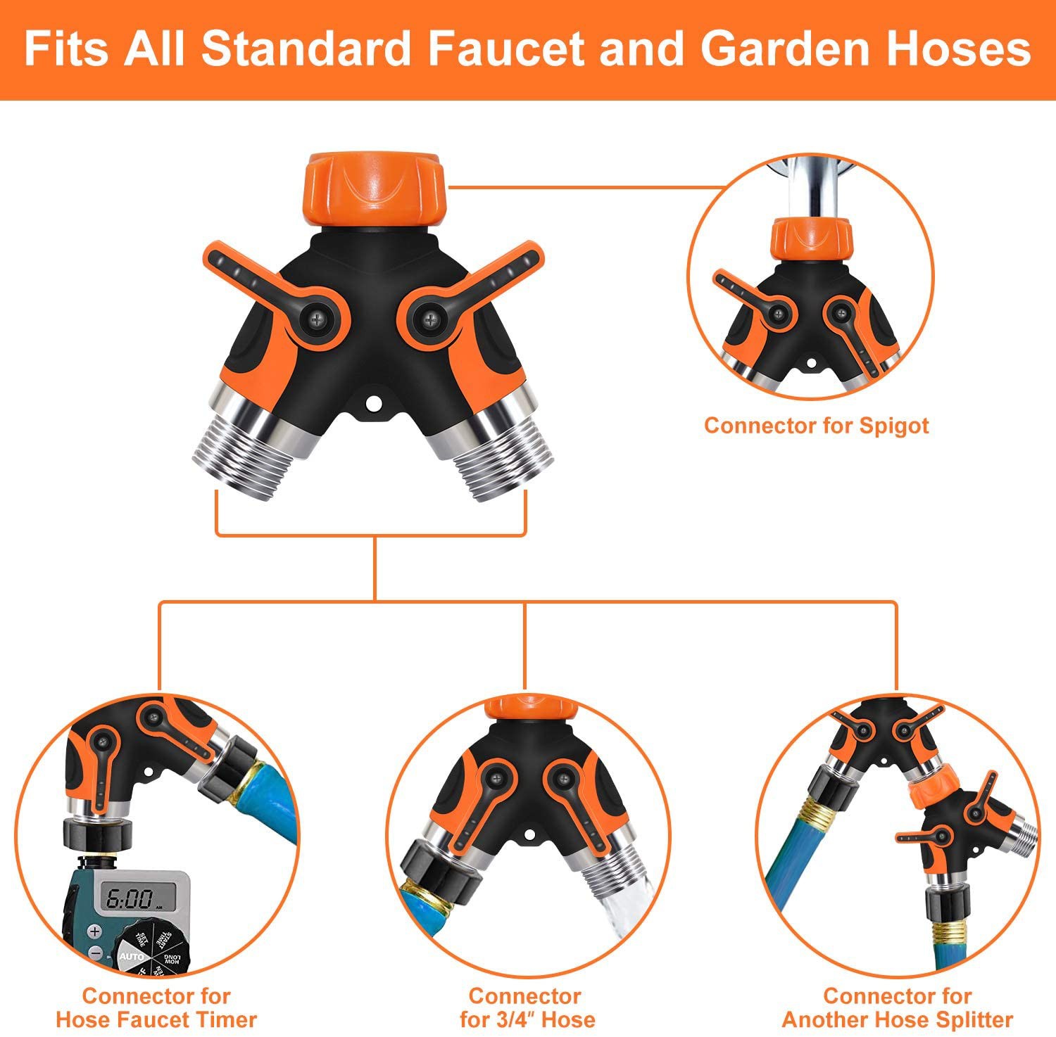 Giraffe Tools Garden Hose Splitter 2 Way Heavy Duty 3/4" GHT Y Connector Orange
