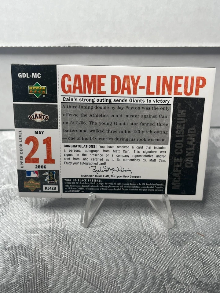 UD Black Game Day-Lineup 2007 Matt Cain automático #d/50 Foto 2 de 2