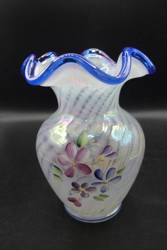 Artist Signed Hand Painted FENTON Blue Crest Vase,White Opalescent Stripe,Floral