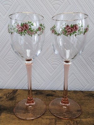 Vintage Französische 2x Luminarc Rosa Rouge Rosen Glas Stiel Weingläser Goldrand