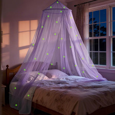 Purple Princess Bed Canopy for Girls with Glowing Stars, Canopy Bed Curtains for