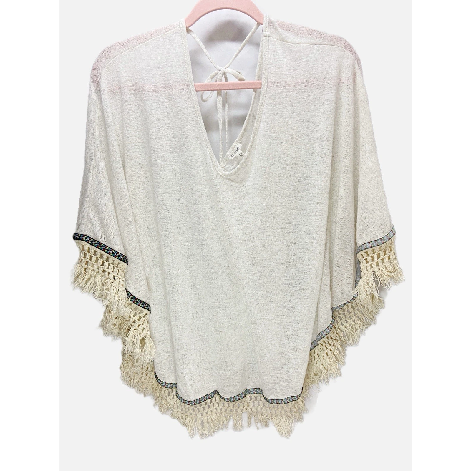 En Crème Ivory Poncho W/Scandinavian Designed Border & Fringe, Boho Chic, Fairy