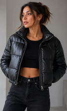 Women  s Black Puffer Jacket Full Zip Pockets Long Sleeve Short Coat Size M