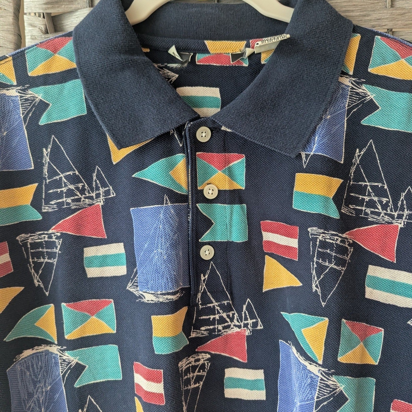 Vtg Nautical Sailboat Signal Flag Polo Shirt Navy Blue Cotton Mens L Maritime image 4