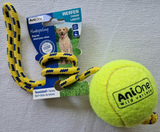 AniOne Hundespielzeug - Tennisball mit Wurfseil  Beflockt Gr. L - Gelb/Blau -NEU