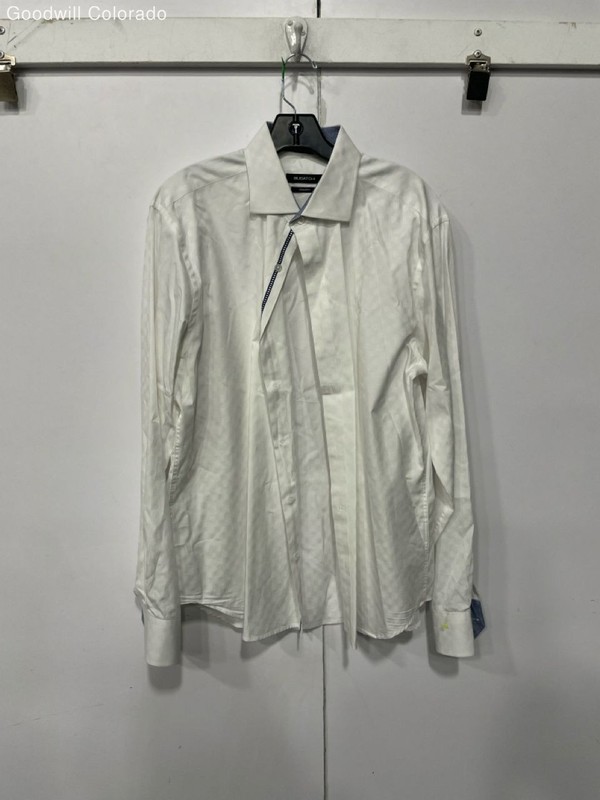 Bugatchi Shirt White Checkered Pattern Shaped Fit Long Sleeve 100 Percent Cotton