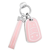 PIFOOG for Cadillac Escalade Key Fob Cover 2015 - Pink and Big Silver Edge