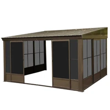Pre-Owned 10'x12' All-Season Sunroom Gazebo w/Steel Roof&PVC Screen&Door,Brown