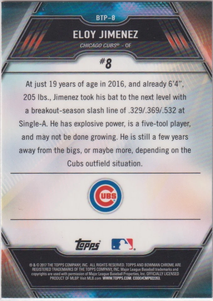 2017 Bowman Chrome Eloy Jimenez Chicago Cubs Scouts Top 100 Refractor rc rookie - Image 2 of 2