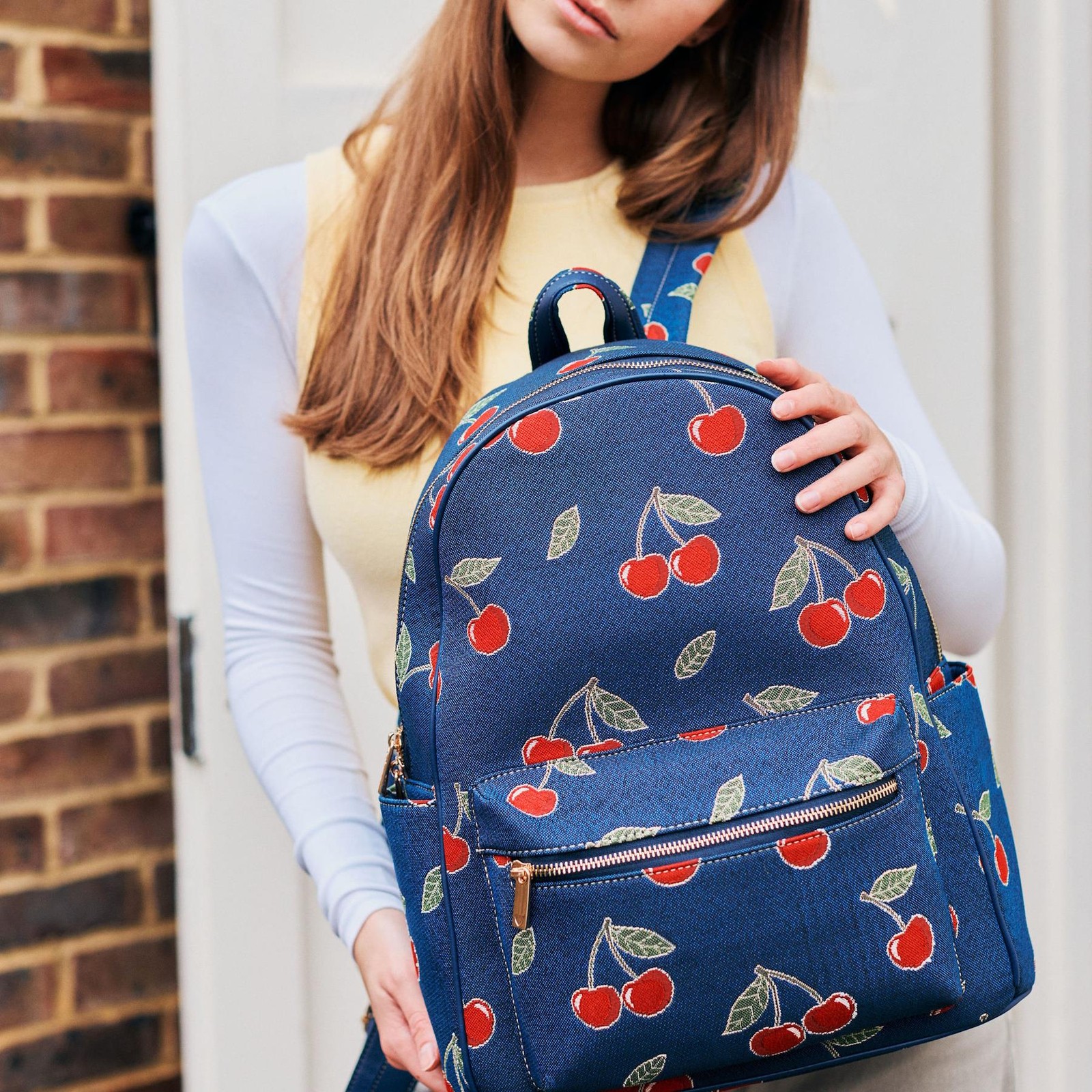 Womens Large Backpack Cherry Print Blue Big Rucksack Laptop College Bag Travel