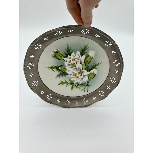 1900 Art Deco Hand Painted Floral plate BMF Germany Metal Cutout Rim