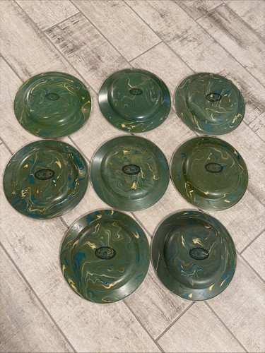 Mackenzie Childs Enamel Pasta Bowls Green Swirl 9” Diameter Set of 8 - Afbeelding 3 van 12