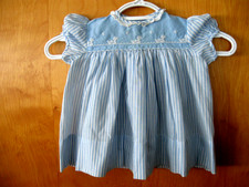 VINTAGE NANNETTE BABY / DOLL BLUE AND WHITE STRIPED DRESS 12 MONTHS 