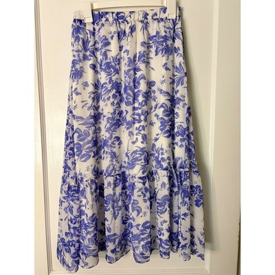 Lucy Paris Blue White Floral Tiered Midi Skirt Womens Medium Elastic Waist Flowy