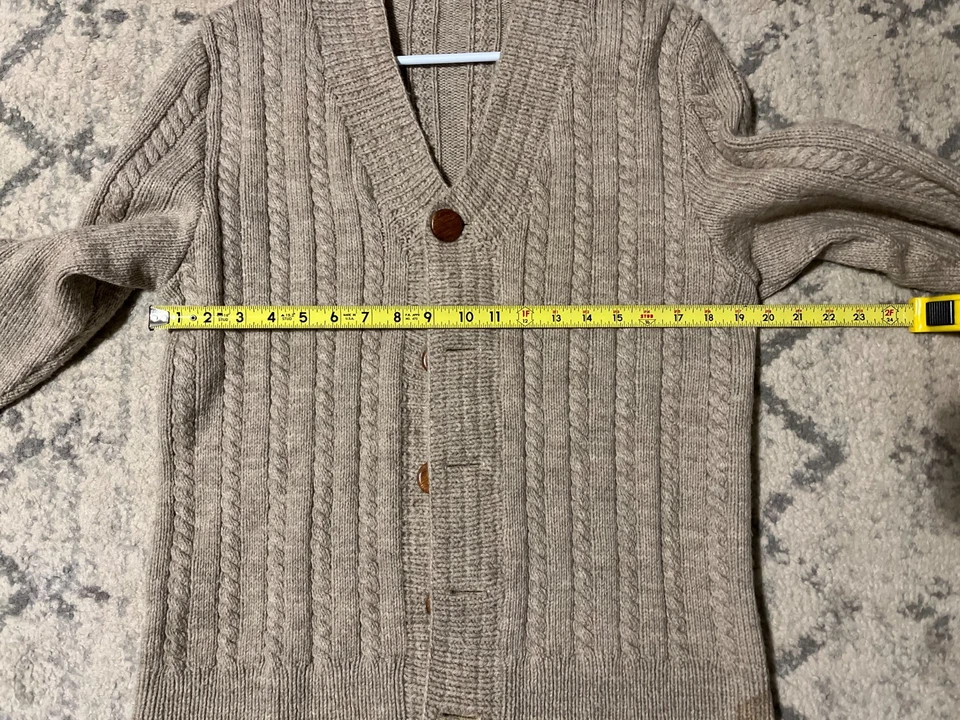 Cárdigan suéter vintage de lana tostada para hombre L/mujer M botones de madera tejido con cable Gpa Foto 4 de 4