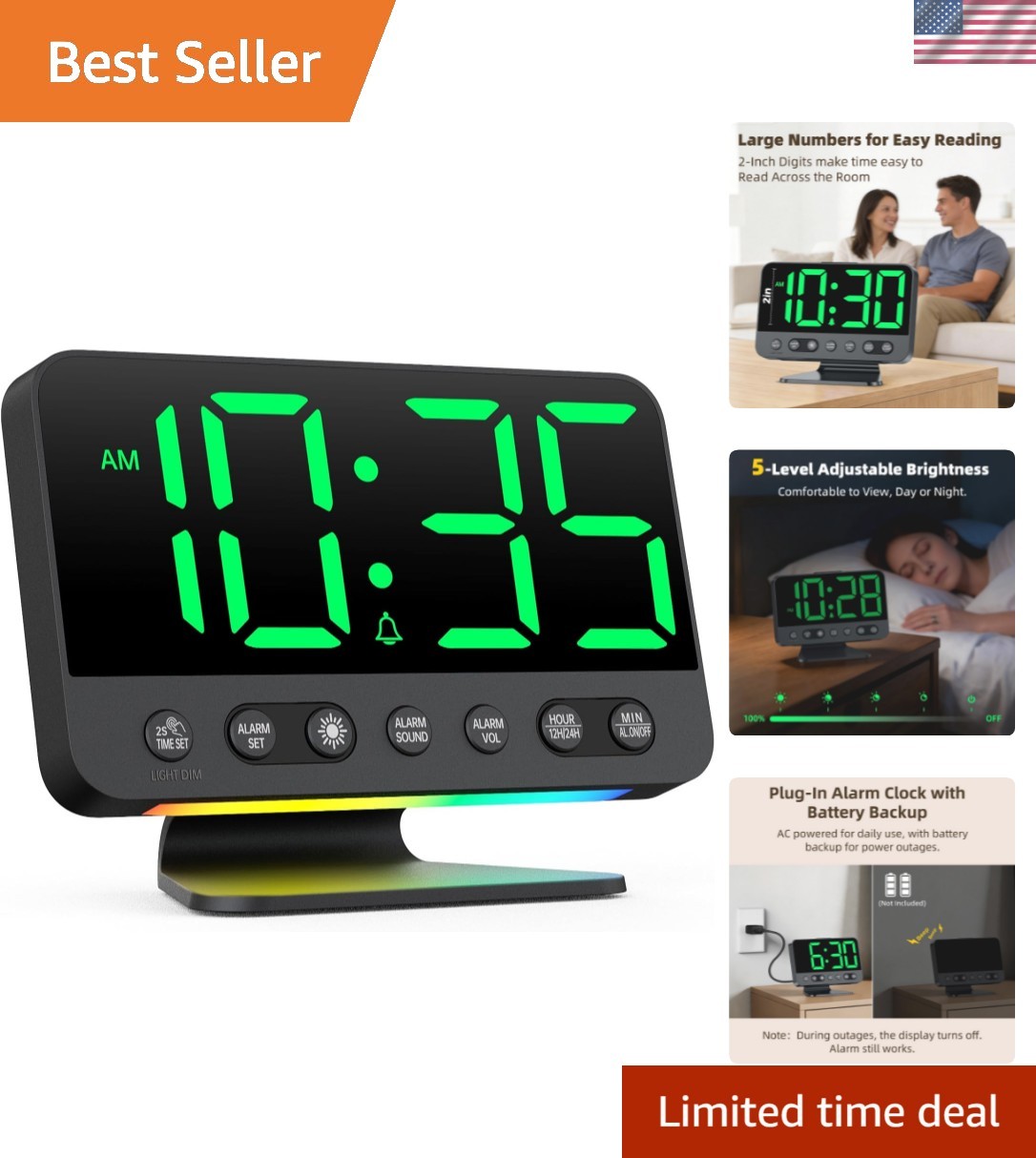 Alarm Clock for Bedroom Bedside: 2 Inch Large Numbers