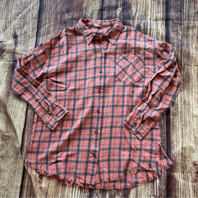Women s Hem & Thread Flannel Shirt Orange Blue Frayed Edges Size Large Oversized