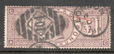 #ad GB QV SG186 SCARCE £1 brown lilac WMK ORBS USED. Cat £4500. AC GBP 755.00