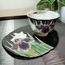 Japanese Kyo Ware Touan Iris Tea Cup & Saucer Ceramic Kyoto Japan