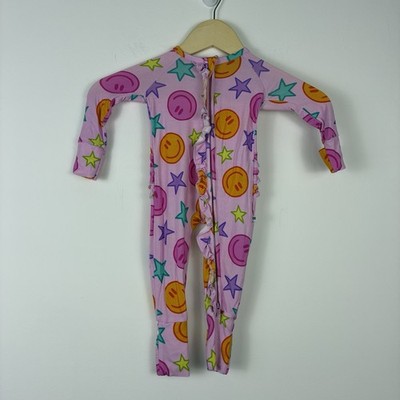 Bums And Roses  Smiley Face Pink Bamboo Pajamas One Piece Zip Up Pink Ruffle But