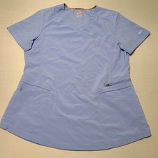 Dickies Scrub Top Womens Medium Medical Nurse Multi Pocket V Neck Baby Blue