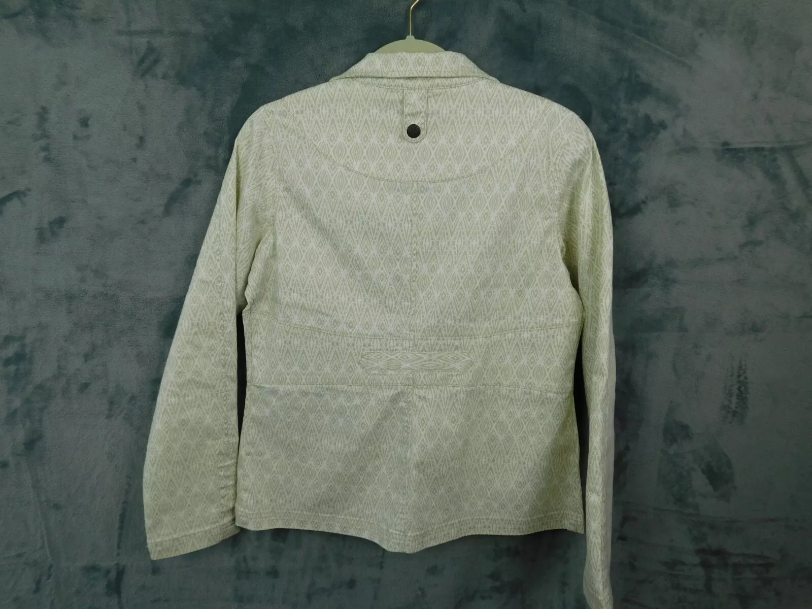 prana organic cotton zip up geometric print collared jacket